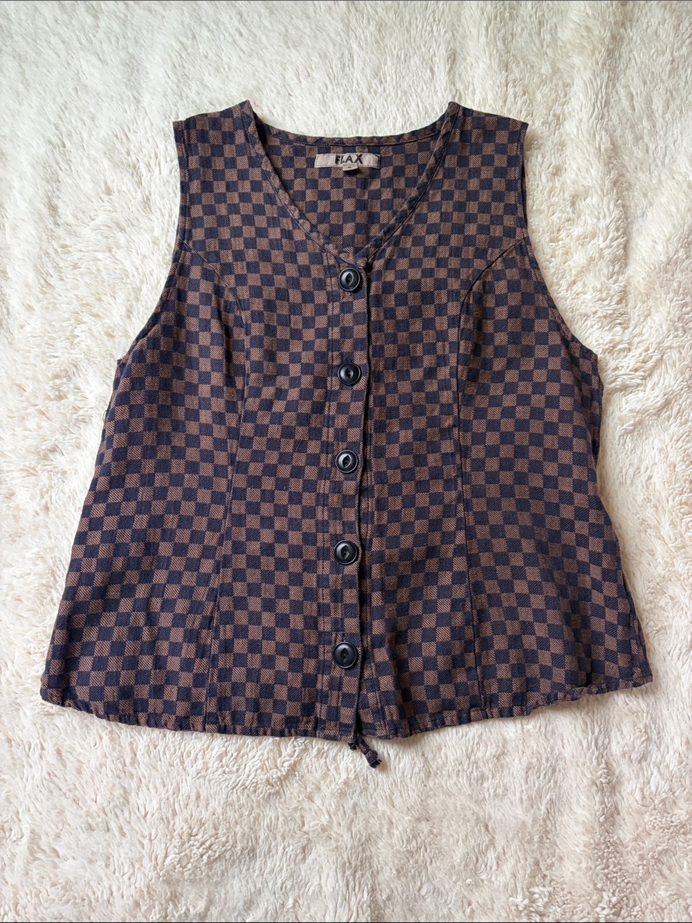 Flax Brown and Black Checkered Button-Front Women's Vest